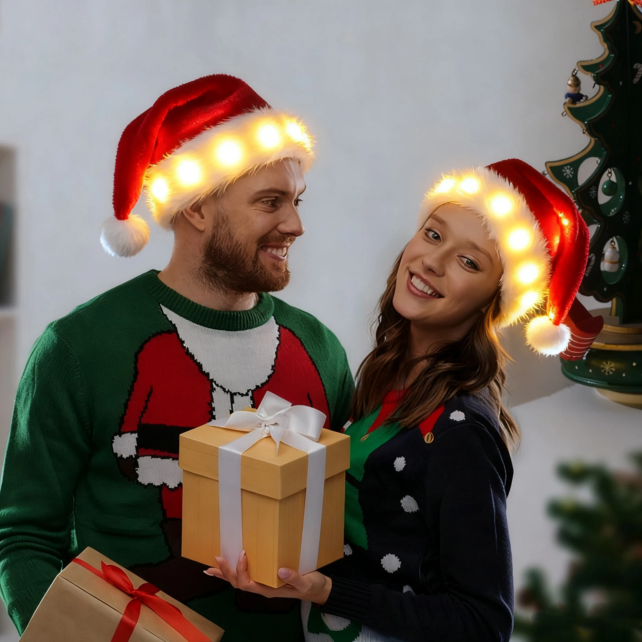 Weihnachtsmütze, LED-Weihnachtsmütze mit Lichtern für Erwachsene und Kinder, langes Fell für Weihnachten, Neujahr, festliche Feiertage, Partyzubehör