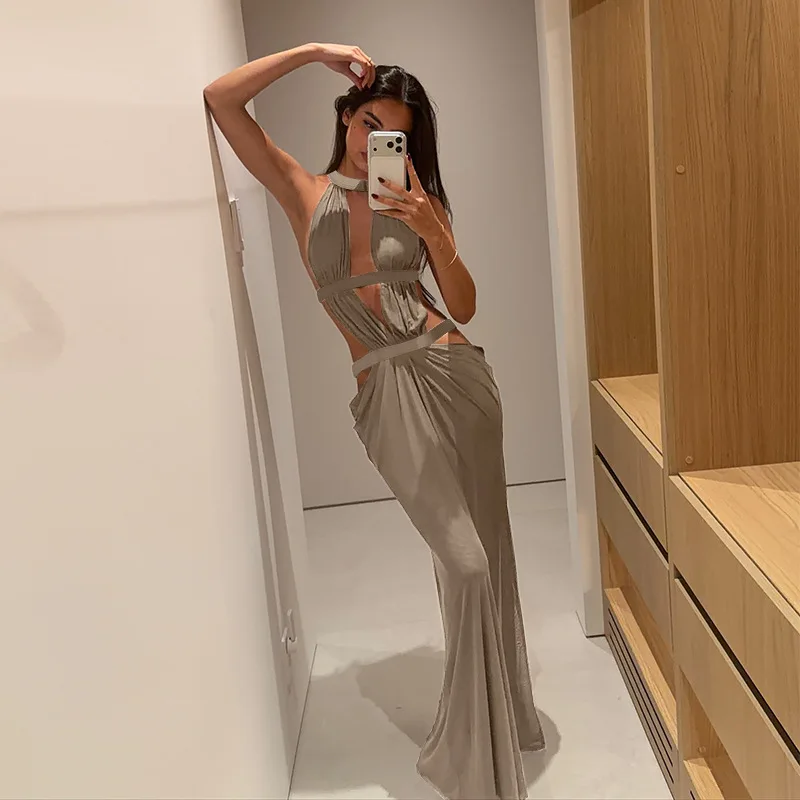 

SKMY Summer 2026 New Vacation Sexy Hollow Out Dress Clothes For Women Bandage Sleeveless Dress Party Clubwear Solid Color