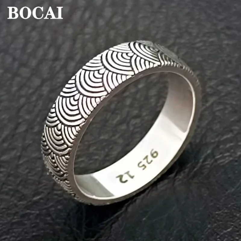 BOCAI New 100% S925 Silver Jewelry Beautiful Retro Turning Luck Seigaiha Wave Pattern Ring for Man and Woman DropShipping