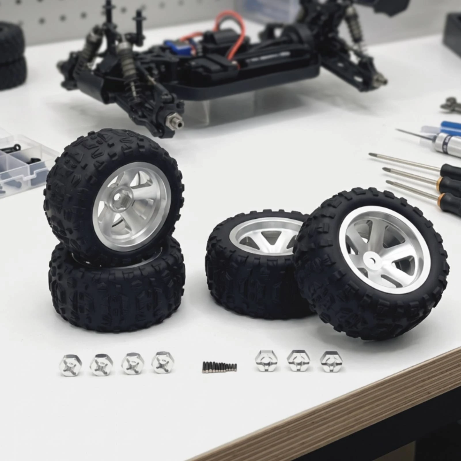 4 Pieces RC Wheel and Tire Assembly Aluminum RC Wheel with Hex Adapter Multi-Spoke Anti-Skid for Hobbyists