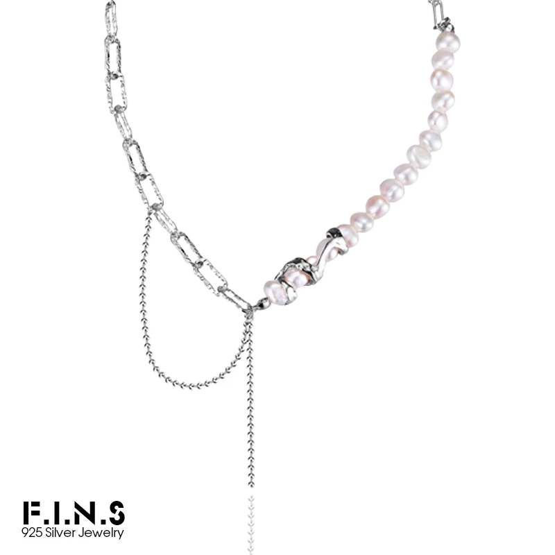 

F.I.N.S Asymmetrical Chain S925 Sterling Silver Irregular Freshwater Pearl Link Chain Clavicle Necklace Statement Fine Jewelry