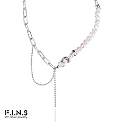 F.I.N.S Asymmetrical Chain S925 Sterling Silver Irregular Freshwater Pearl Link Chain Clavicle Necklace Statement Fine Jewelry