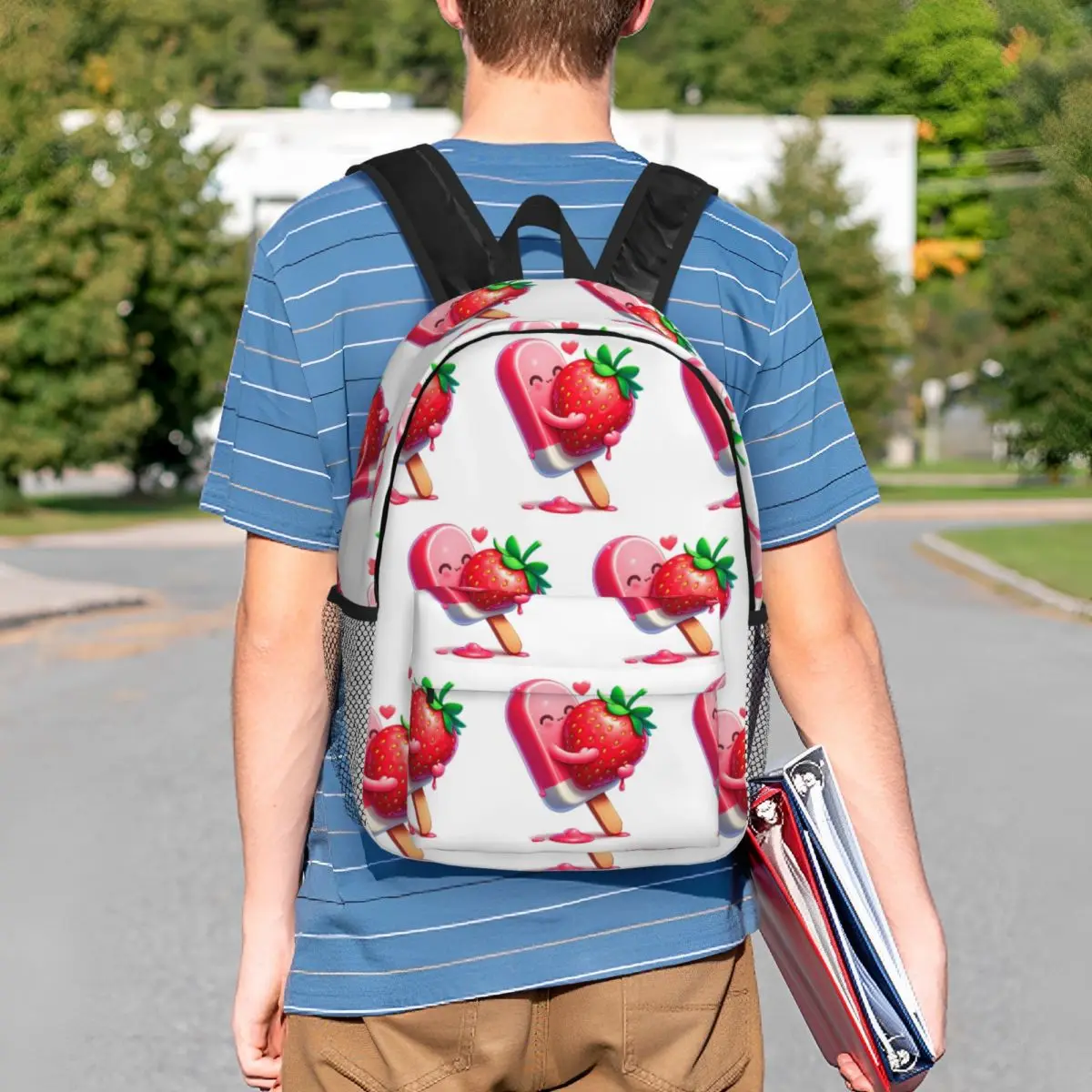 Rucksack mit Erdbeer-Eiscreme-Dessert-Motiv, für Studenten, Büchertasche, für Männer und Frauen, Schultasche, Laptop-Umhängetaschen