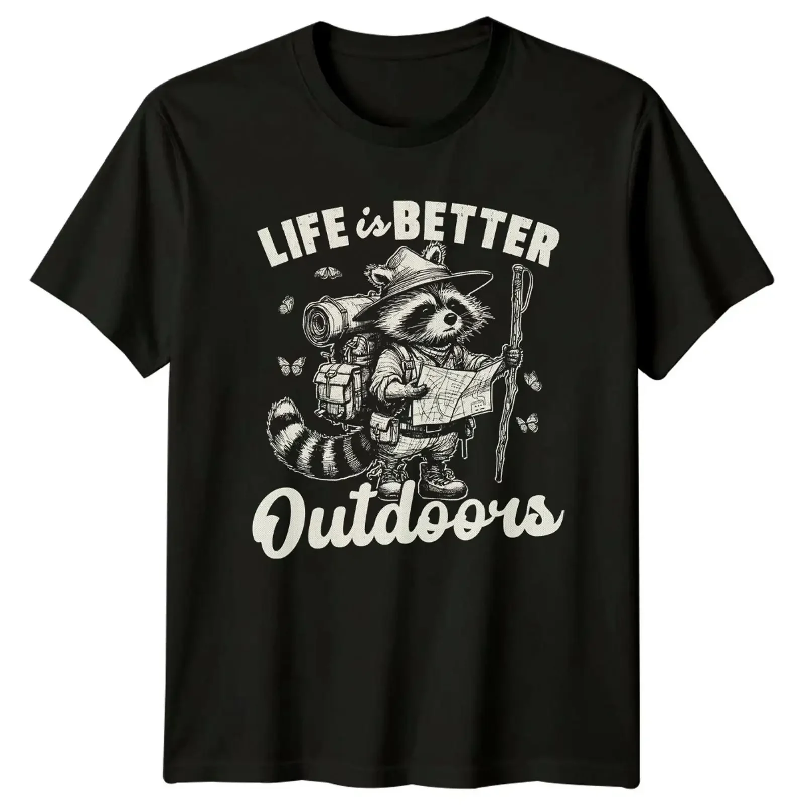 Life Is Better Outdoors T Shirt Raccoon Backpacking Hiking vintage Washed Stylish Breathable Slightly fashion Stretched