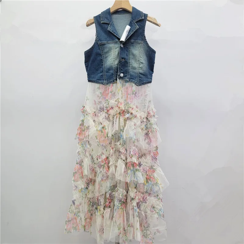 Estilo coreano fino ajuste denim colete retalhos impresso malha saia feminina moda floral em camadas fofo saia longa primavera verão novo