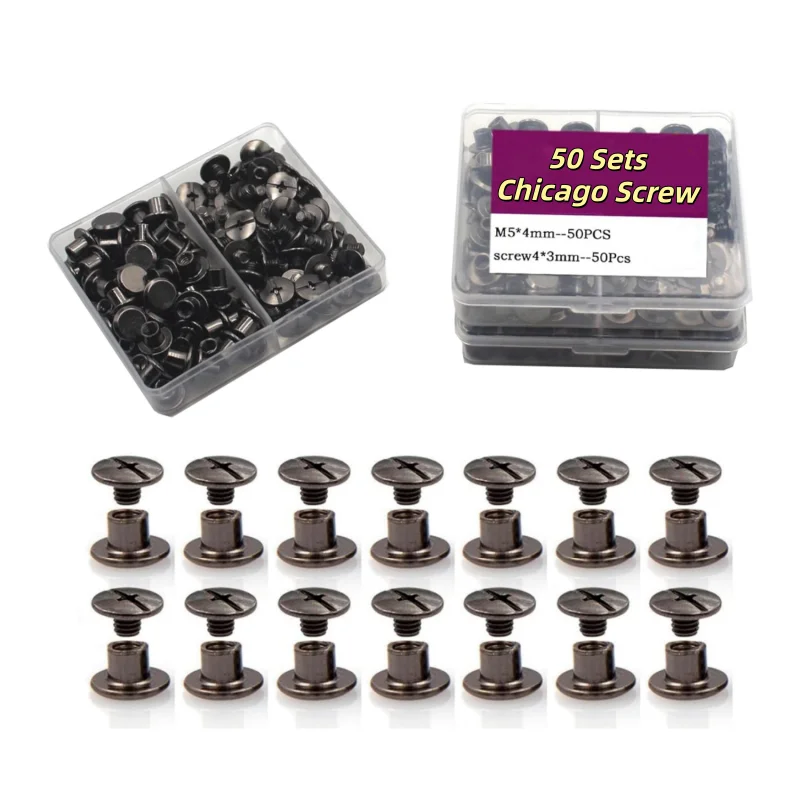 50 Sets de Remaches de Tornillo Chicago M5x4, Botones de Tornillo Color Negro para Proyectos de Bricolaje en Cuero y Reparación de Herrajes