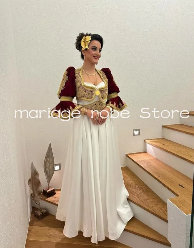 Burgundowy aksamitny arabski kaftan wieczorowe sukienki wizytowe dostosowane złota aplikacja kosowo-albański strój na bal maturalny na bliskim wschodzie