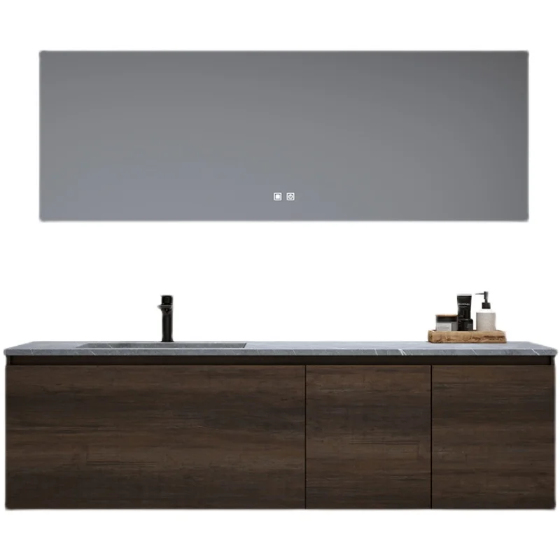 Designer Customized Bathroom Cabinet Combination Walnut Color Double Basin Rock Plate Integrated Bathroom Wash Table, Hand