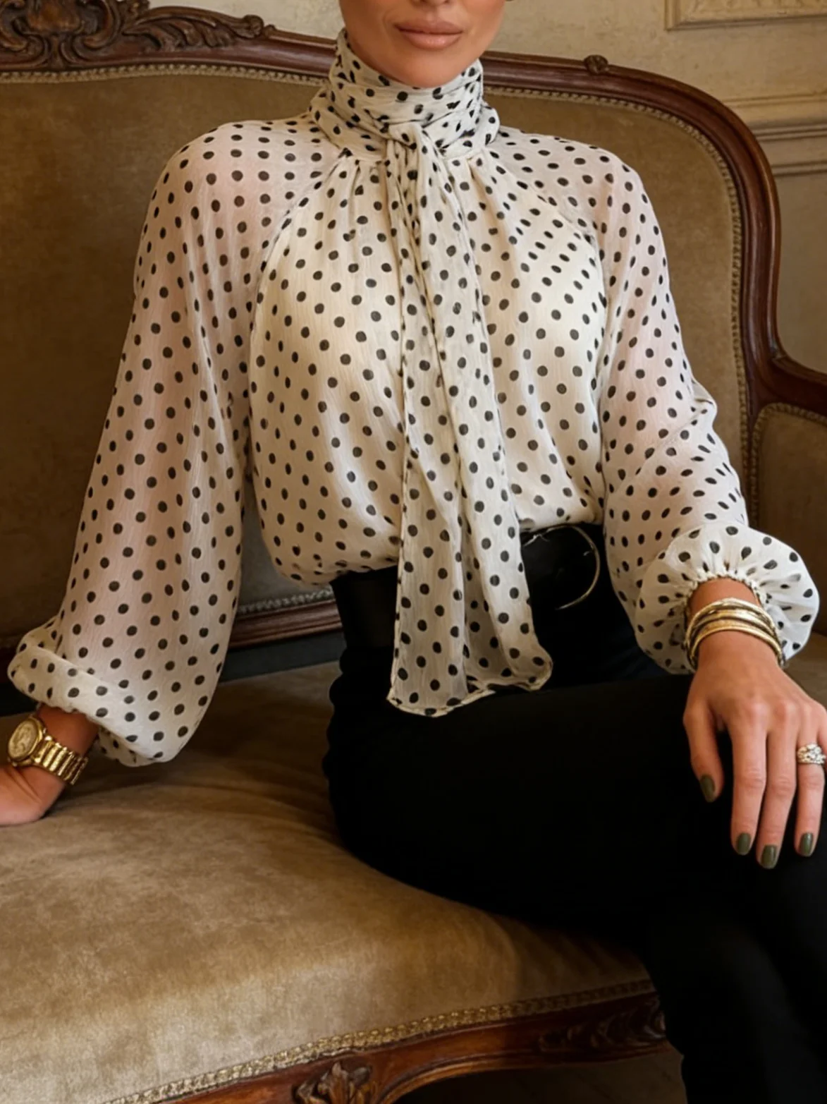Women's polka dot mesh flowy long-sleeved chiffon top, retro tie-neck chiffon blouse, suitable for vacations and commuting. view 2