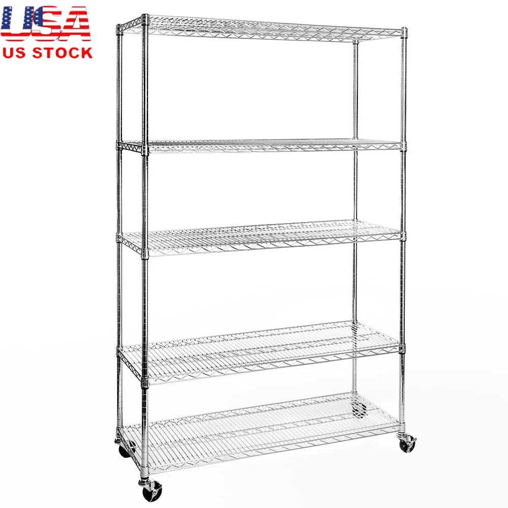 

Сверхпрочный 5-ярусный стеллаж из стальной проволоки с сертификацией NSF, мобильный блок, сверхмощный стеллаж для хранения с колесами, регулируемая высота для дома