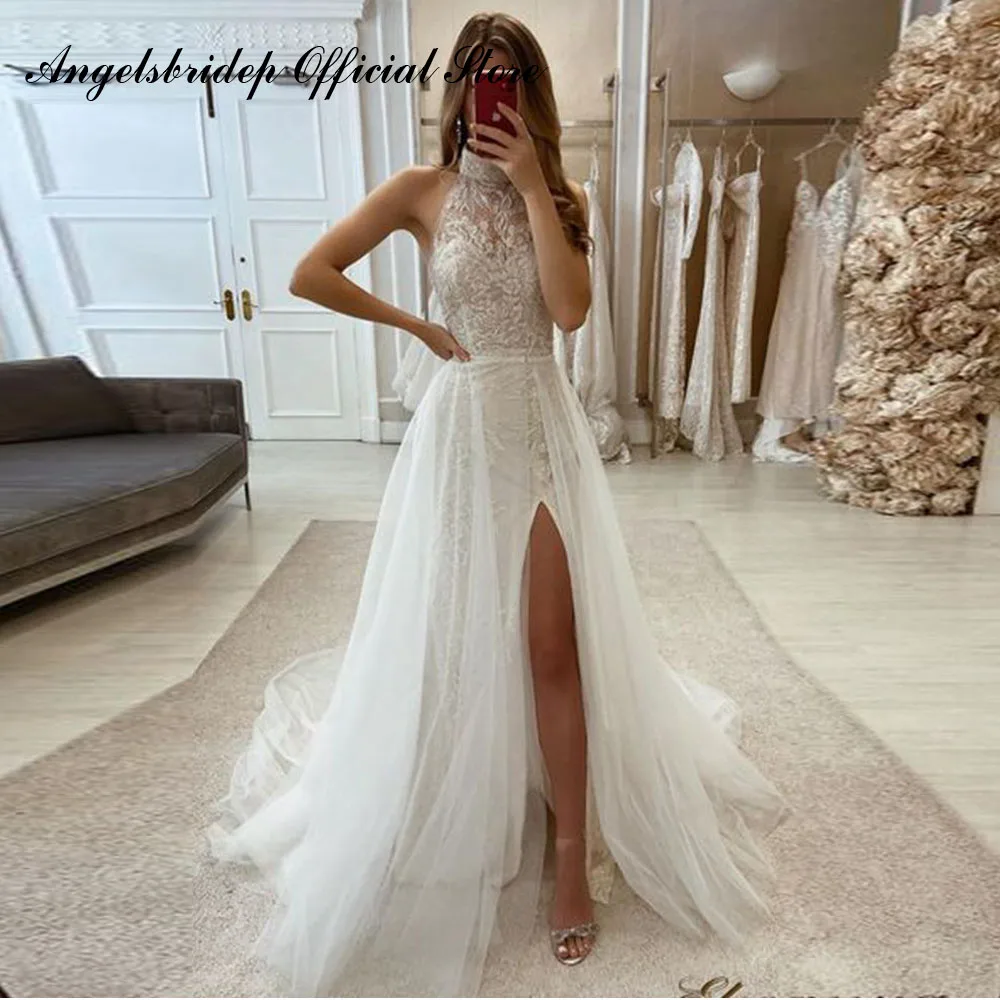 

Angelsbridep Boho Halter Tulle Wedding Dresses 2022 Beach Lace Side Split Vestidos De Novia Para Boda Por La Iglesia Bride Gowns