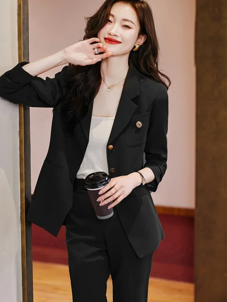 Blazer e calças de manga comprida feminino, calça formal, roupa de trabalho de negócios, preto, café, bege, moda feminina, conjunto de 2 peças