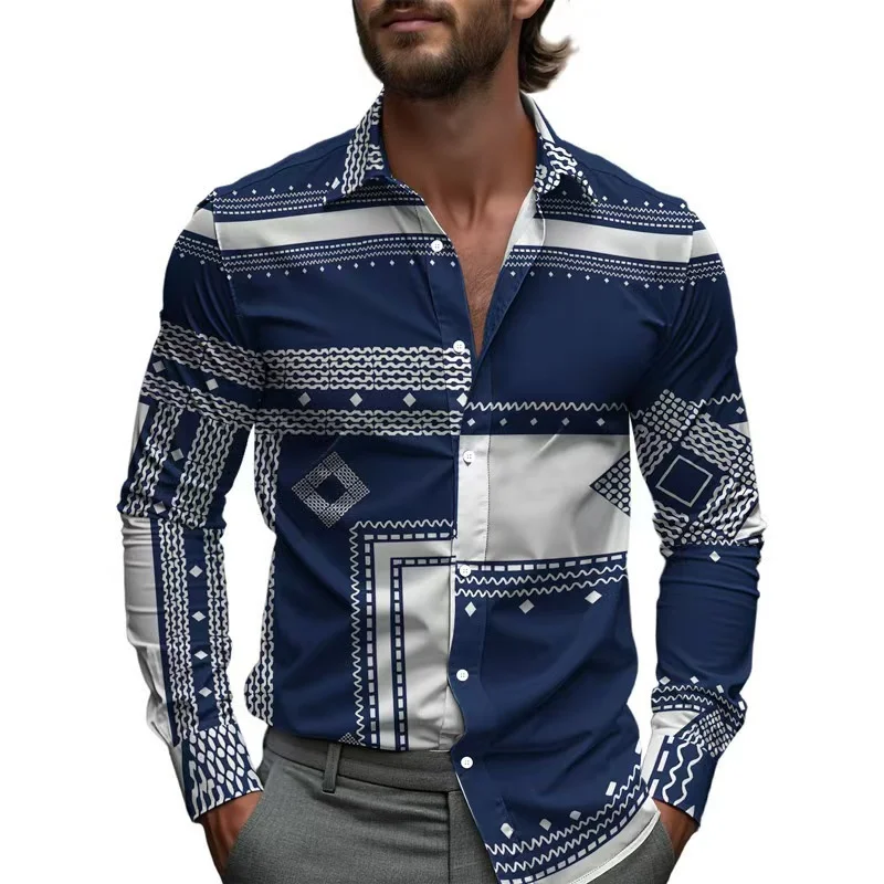 

Business shirt line plaid stripes men's printed shirt spring single-breasted lapel 2025 Hawaiian long-sleeved shirt