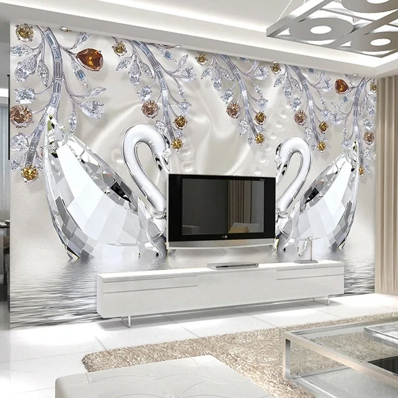 

Custom 3D Photo Wallpaper Romantic Beautiful Crystal Diamond Swan Jewelry Living Room Change TV Background Bedroom Wall Mural