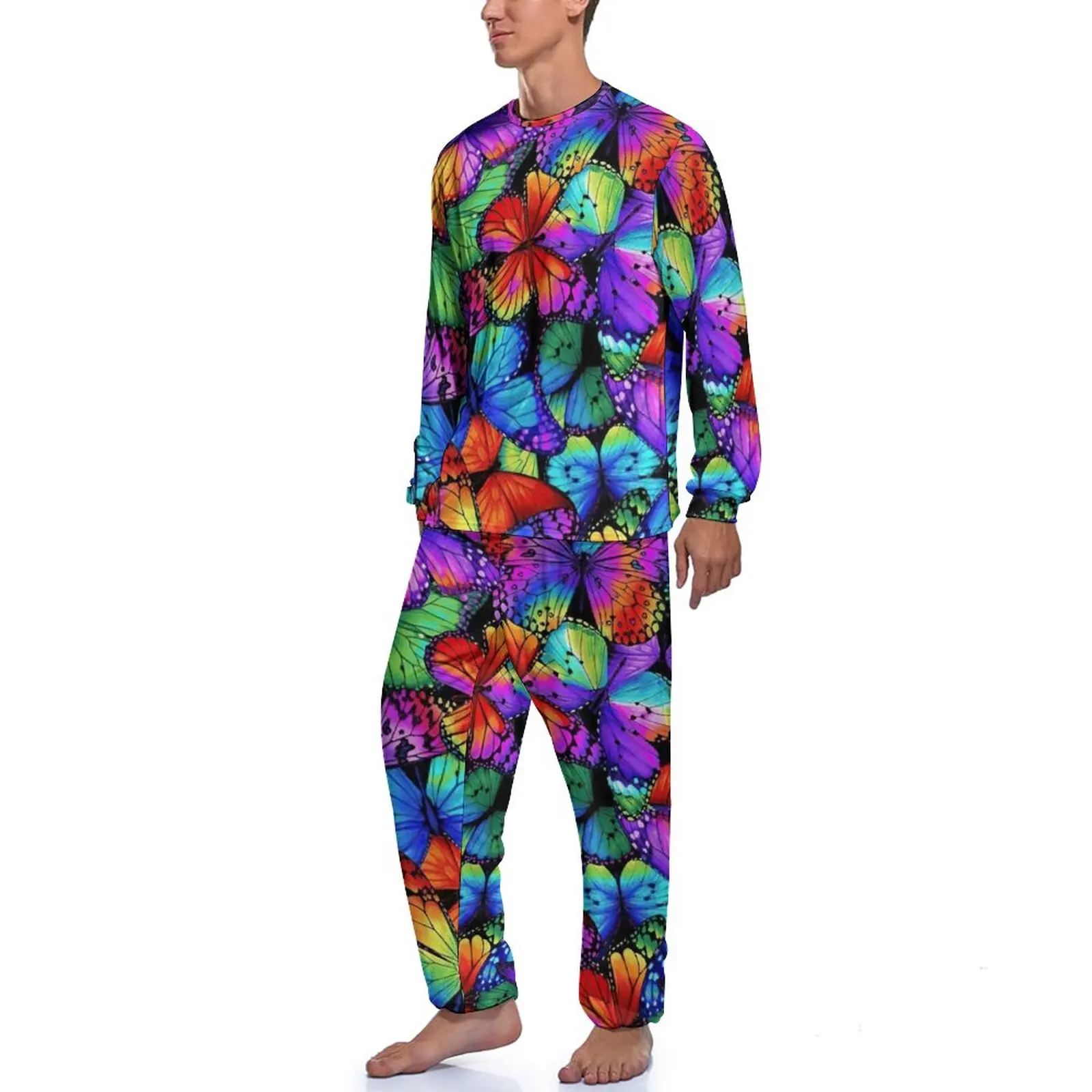 Colorful Butterfly Pajamas Winter Neon Animal Print Leisure Home Suit Men 2 Pieces Graphic Long Sleeve Cool Pajama Sets