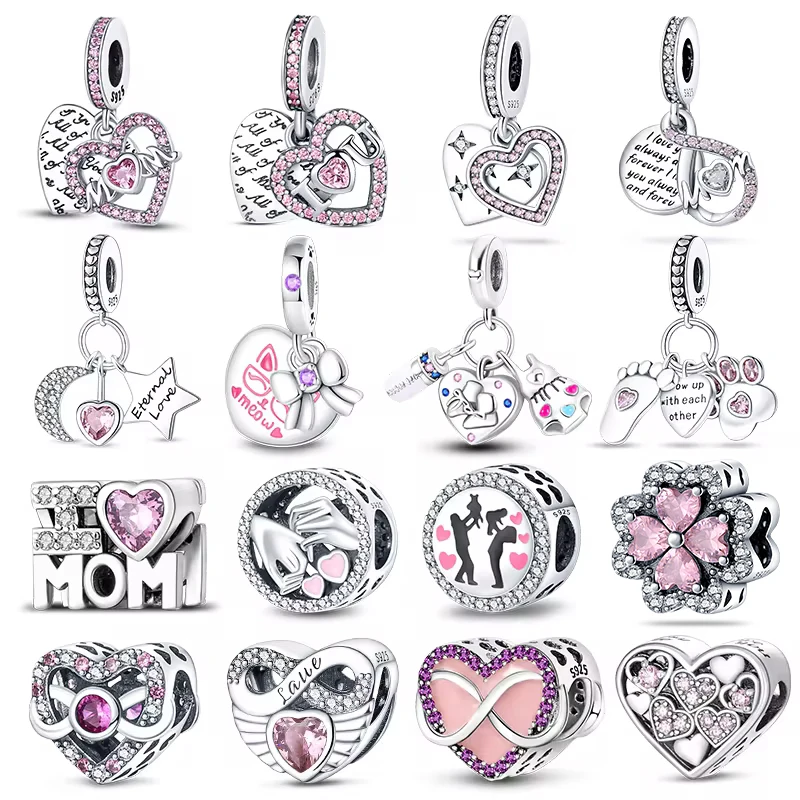 Real 925 Silver Color Pink Series Heart Charms Beads Fit Qikaola 925 Original Bracelets DIY Mother's Day Jewelry Gift For Mom