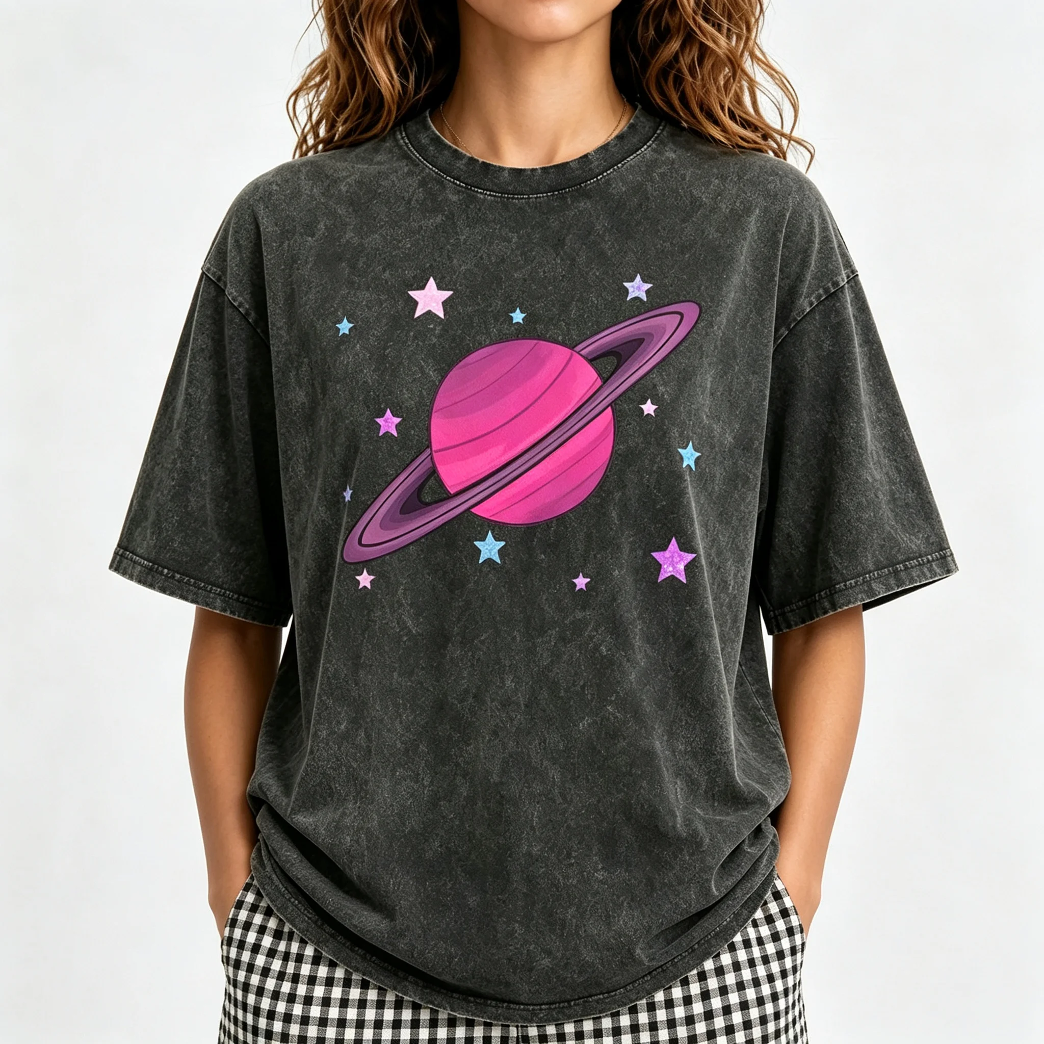 Vintage Washed T‑Shirt Women Retro Purple Saturn Planet Star Print Oversized Short Sleeve Tees Casual Loose Streetwear Tops