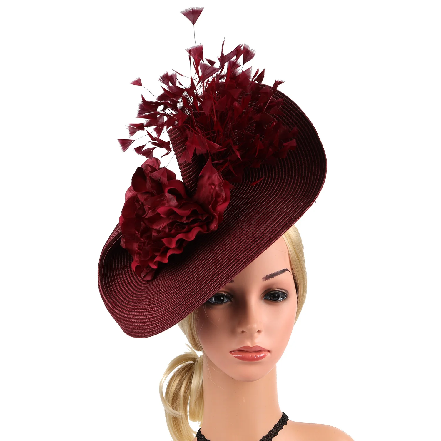 Pleciony kapelusz z fascynatorem z kwiatem z piór, duży kapelusz Derby Kentucky Jockey Club Church Cocktail Tea Party Ascot Headwear