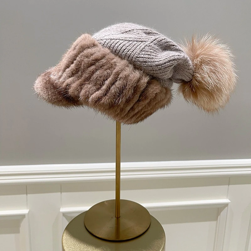 

Women's Luxury Warm Fur Winter Hat Knitted Style Mink Fur Cap Fox Fur Ball Embellished Fashionable Casual Fur Hat