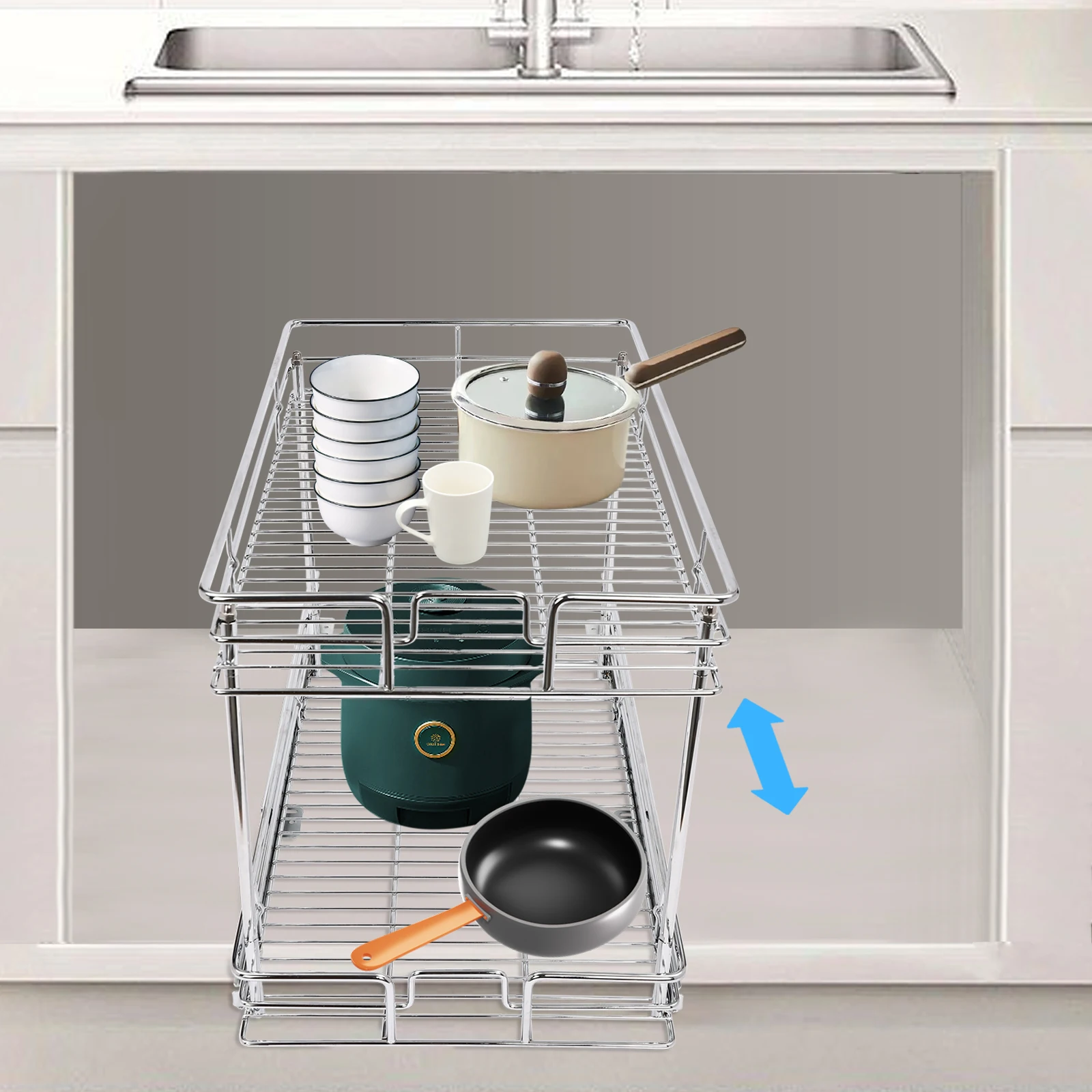 

13.5"W*21.5"D Silver 2-layer Cabinet Storage Basket Pull-out Storage Rack Large-capacity Organizer Used in Kitchens Bathrooms