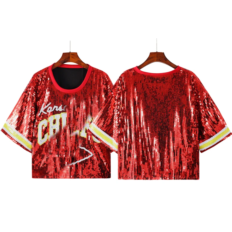 2024 Game Day Red Short Chief Crop Tops Sequin T Shirts For Ladies