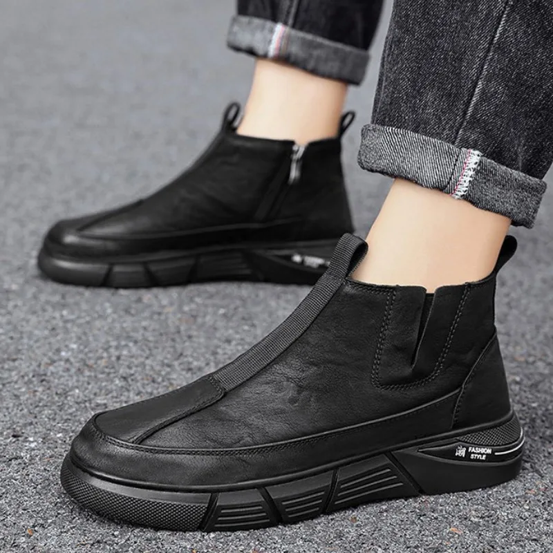 Fashion Men\'s High Top Ankle Boots Spring New Waterproof Non Slip Casual Shoes Men Leather Shoes Motorcycle Trend Platform Shoe