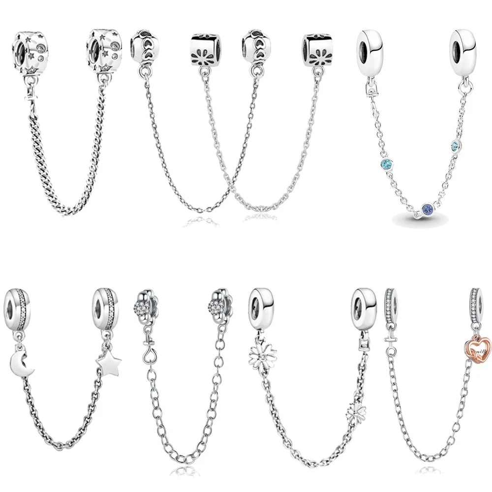 Silver-Plated Flower Safety Chain Charm, Fits European Bracelet, Bracelet Bead Stopper Accessory