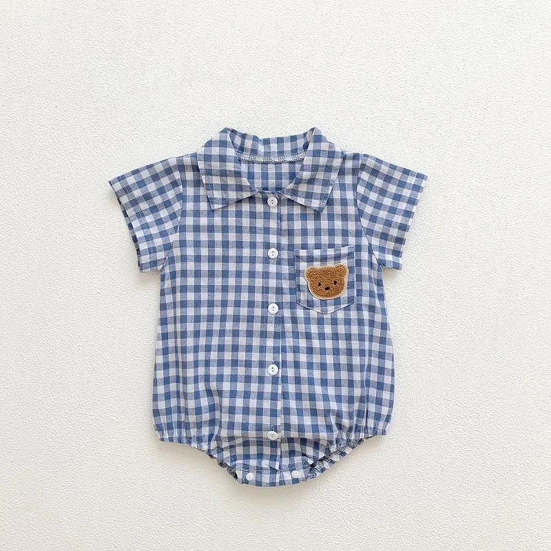 INS Summer Baby Boy Romper 0-24Months Newborn Bodysuit Short Sleeve Turn Down Collar Cartoon Bear Pocket Plaid Playsuit Clothes