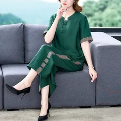 5XL Women Pants 2-Piece Set Female Summer Set Middle aged Female Cotton Tops+ Wide leg Pants Two-Piece Suit Short Sleeve Suit