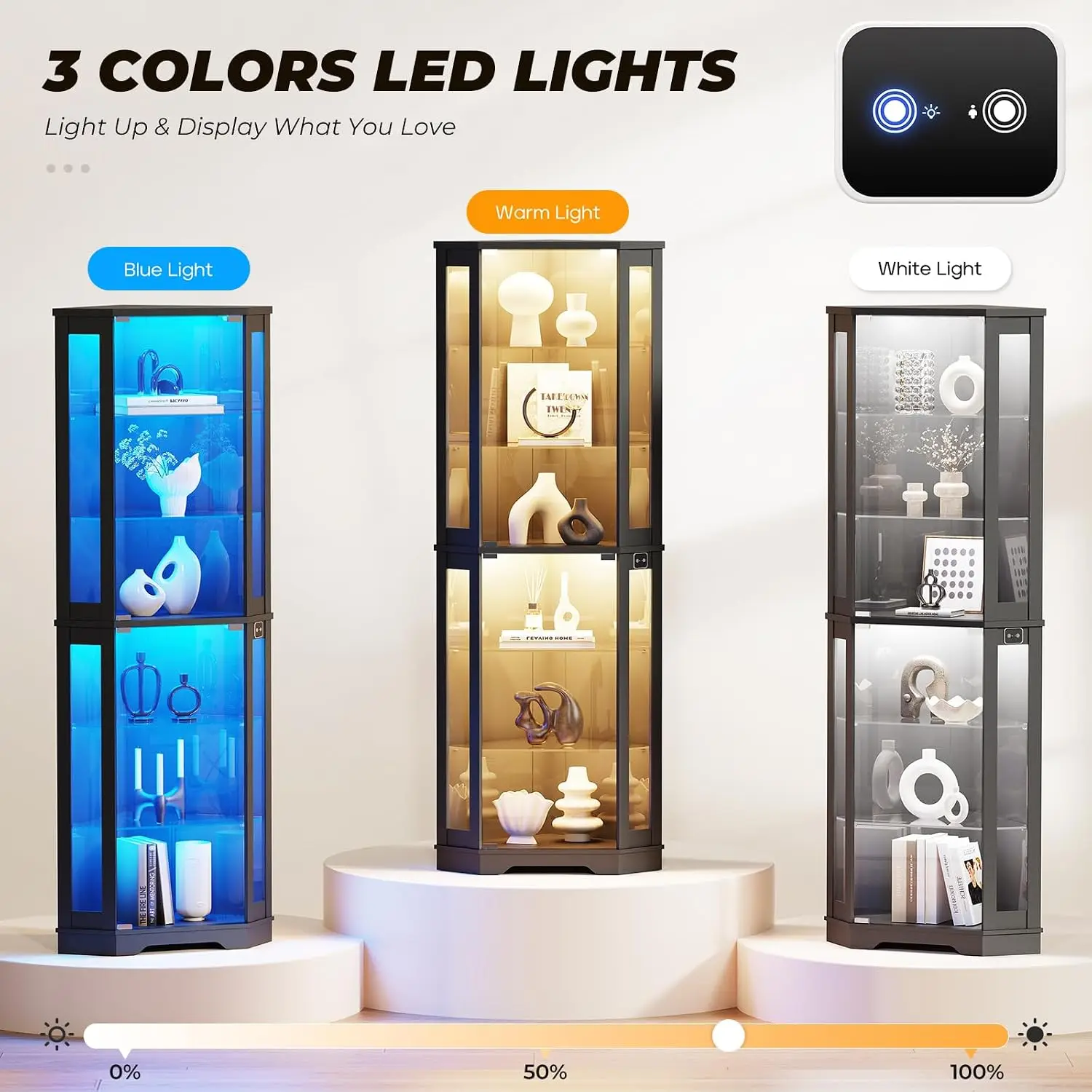 71" Corner Display Cabinet with Glass Doors, 6-Tier Curio Cabinet with 3 LED Lights & Glass Shelves, Human Body Sensor, Showcase for Collectibles, Black view 3