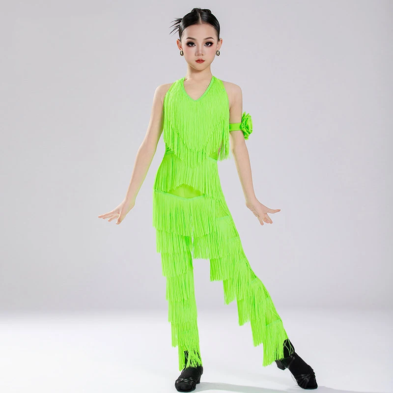 Kids Chacha Latin Dance Professional Costumes Girls Green Full Fringed Latin Dance Suit Children Ballroom Dance Wear SL15415