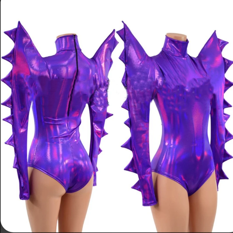 Men Women Purple Laser Exaggerated Shoulder Bodysuit Dress Nightclub Ds Dj Gogo Wear Pole Dance Outfit Drag Queen Costume XS4474