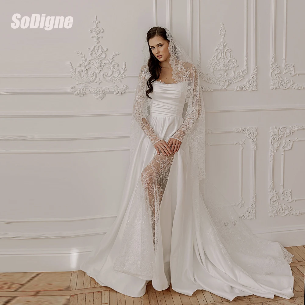

﻿ SoDigne A-line Satin/Lace Wedding Dresses Off Shoulder Long Sleeves Bridal Dress 2026 Bride Gown vestidos de novia Customized