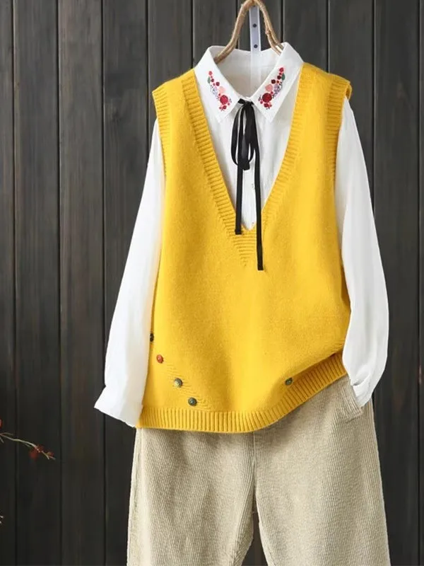 Spring Autumn V-Neck Knitted Sweater Women's Loose Back Strapless Sleeveless Fashionable Vest Comfortable Breathable Casual S...