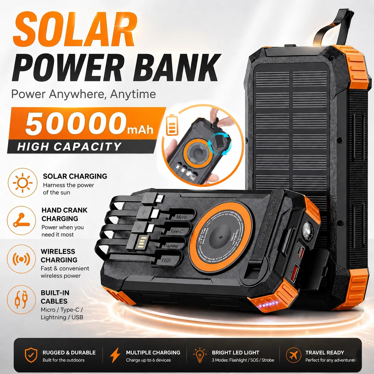 Batterie externe solaire 50000mAh, charge rapide sans fil, chargeur portable, câbles intégrés, lampe torche LED pour le camping, les voyages et les situations d'urgence