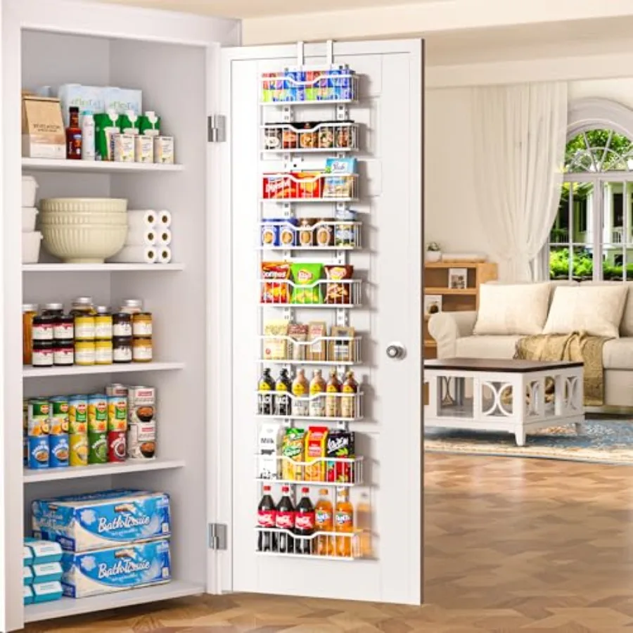

9-Tier Over te Door Stora Rack Metal anging Orgazer wit eigtened Plate ottom askets and Enlard anging Slots Kitcen Pantry Sees