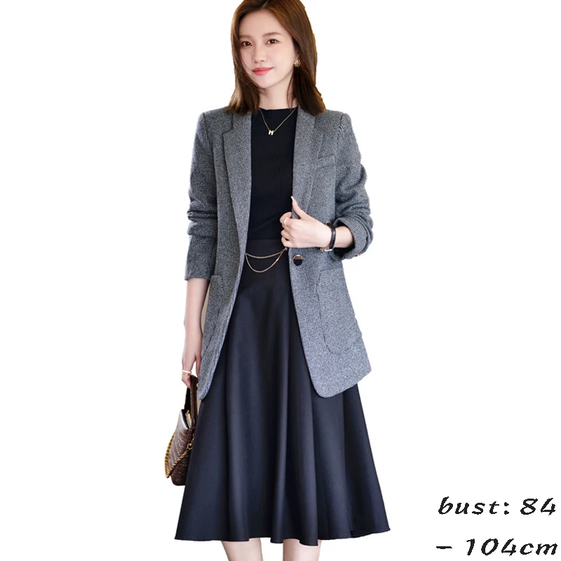 High quality blazer for women plaid jacket single breasted autumn winter 2023 elegant fashion clothes - grey brown