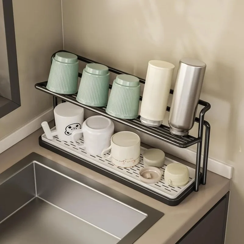 2-Tier Cup Drying Rack With Drain Tray, Kitchen Counter Mug Storage Organizer, Coffee Cup Holder for Home Tableware