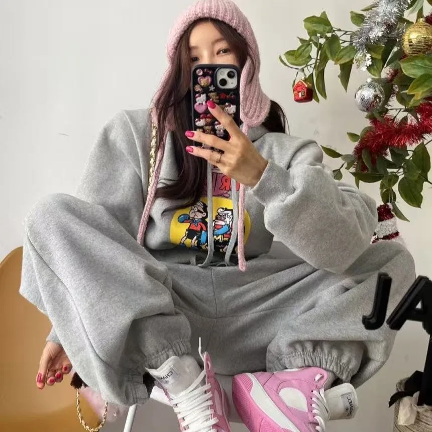 

Fce Lined Hoodie Women's Loose Letter Pattern Printed Anti-Aging ort Waist Cinched Casual Pants Set Korean Sle