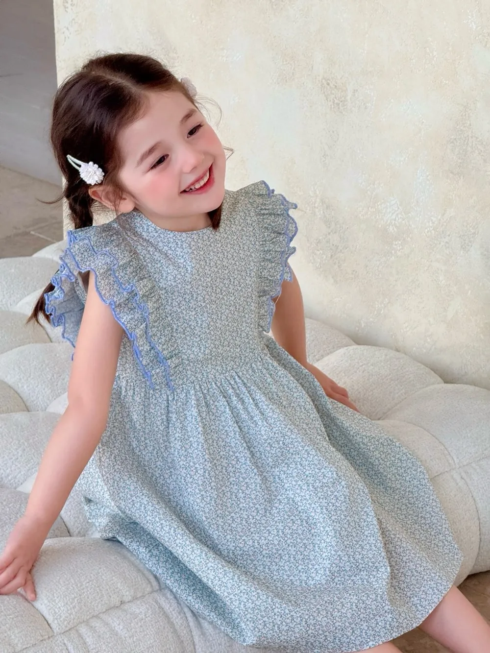 

Летнее платье для маленьких девочек, детская одежда для девочек, платье в европейском и американском стиле, синее платье из чистого хлопка с цветочным узором для девочек