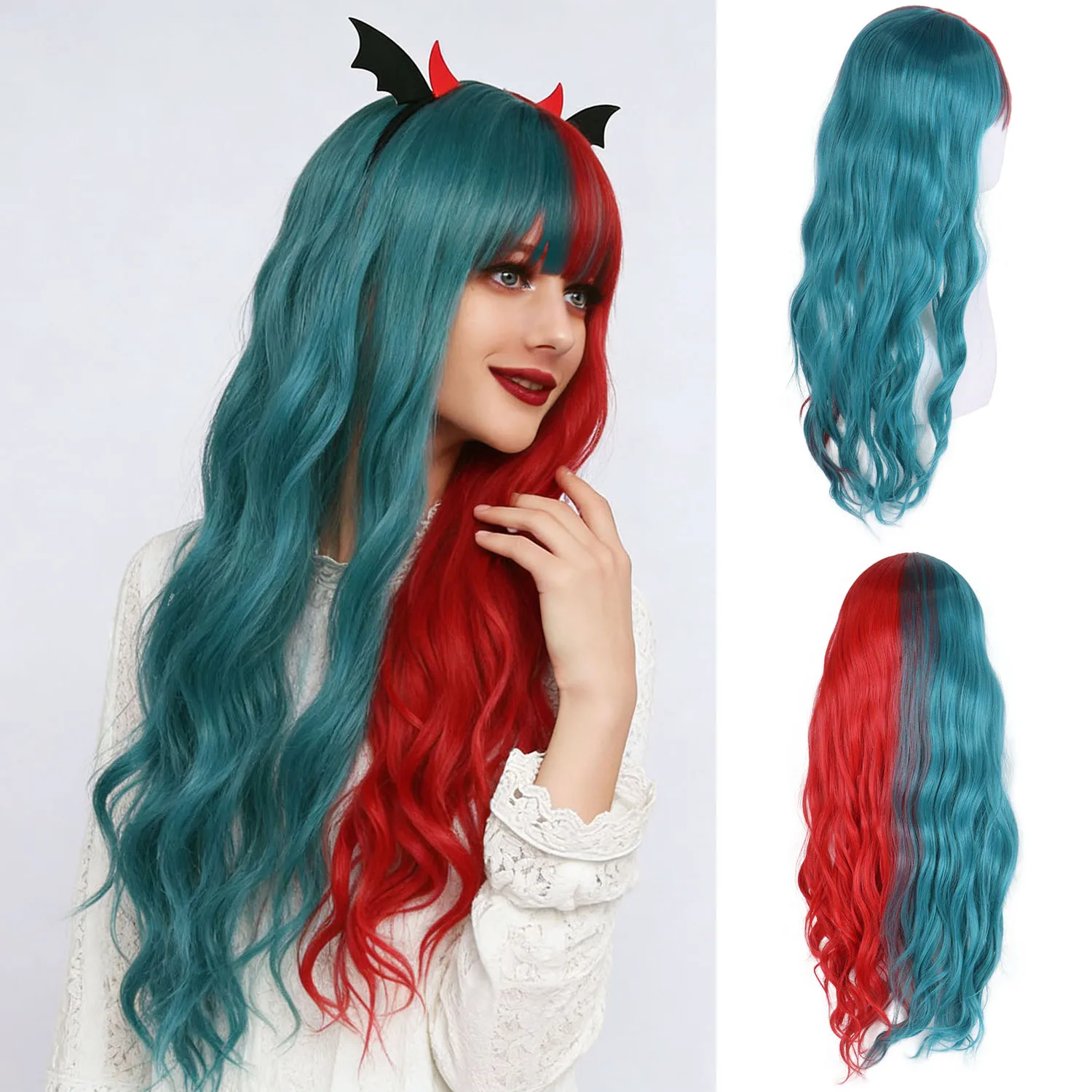 

28-дюймовый синтетический парик Синий и красный женский парик с челкой Длинные вьющиеся волнистые парики Хэллоуин Костюм Голубой парик для косплея Drag Queen