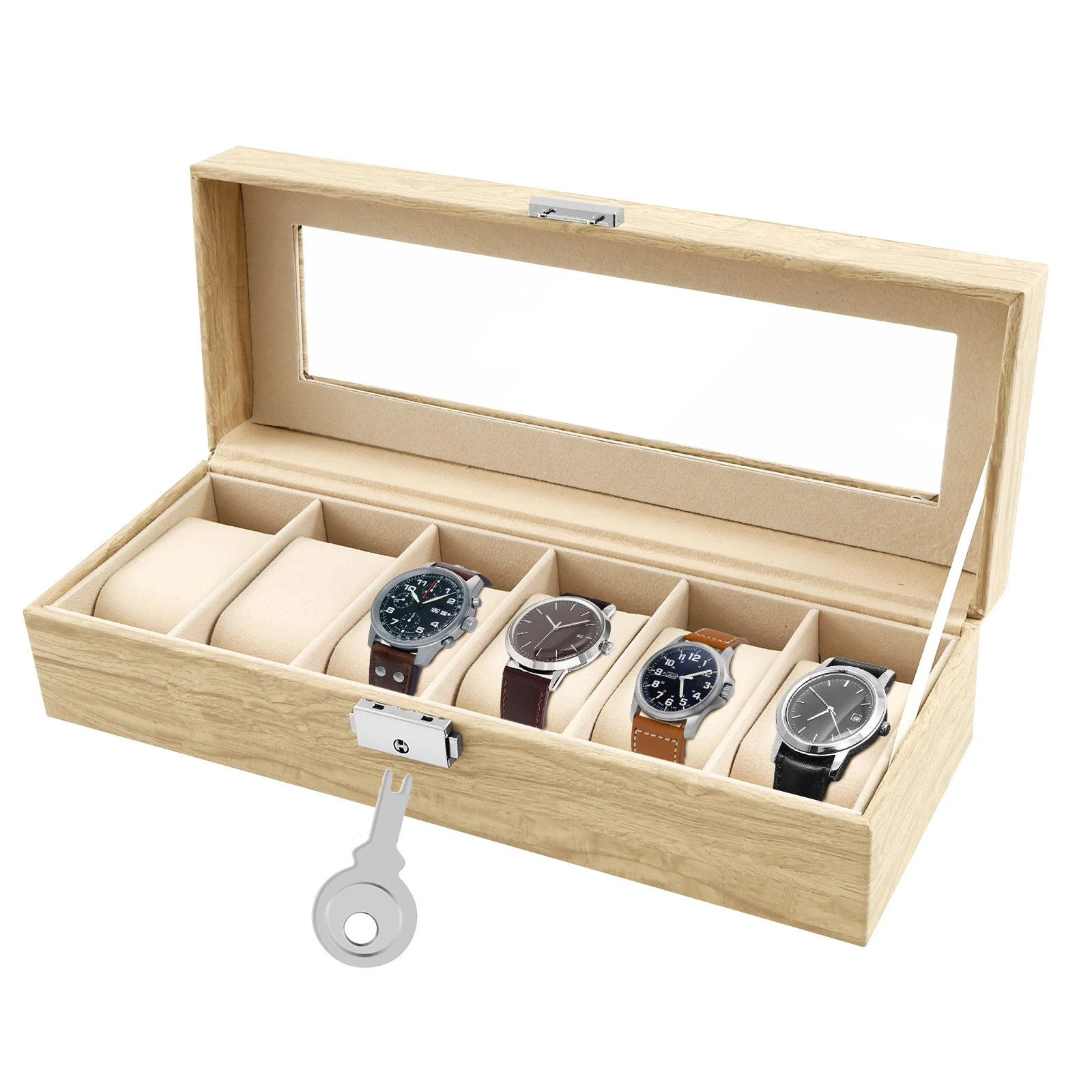 

6 Slot PU Leather Watch Box with Keys and Locks Transparent Glass Lid Removable Watch Pillows Organizer Jewelry Display Box