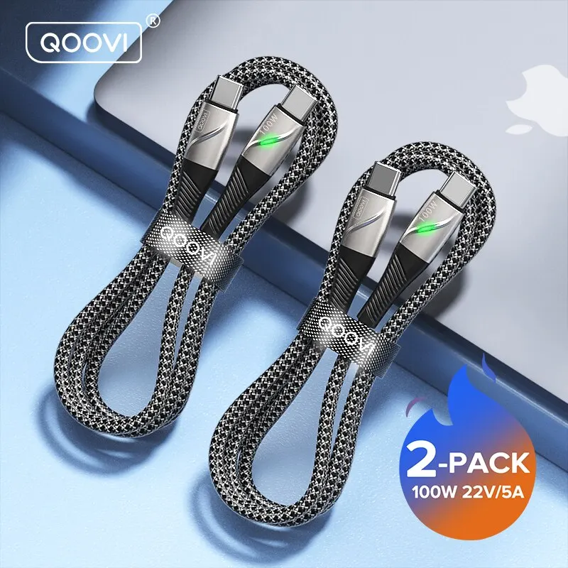 QOOVI 100W USB C to USB Type C Cable 2Pcs For Macbook Laptop USB-C Charger Fast Charging For Xiaomi Huawei Samsung Charge Cord