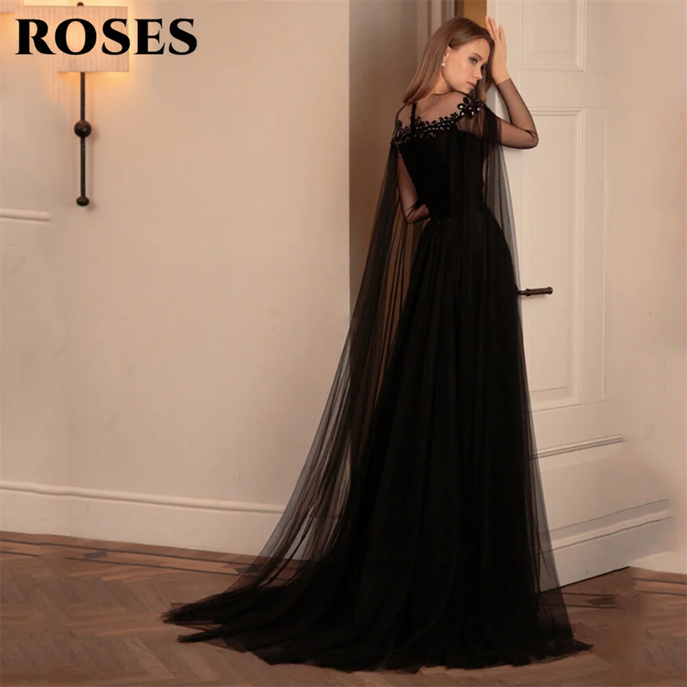 ROSES Black Prom Dresses Off The Shoulder Tulle Wedding Party Dress with Sheer Cape Sleeves and Embellished Neckline Customized