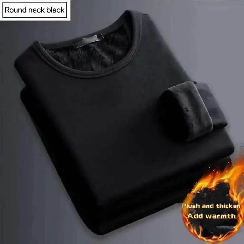 Winter Men's Long-sleeved Thermal Underwer T-Shirt Fleece Bottoming Shirt Round Neck Shirt Fashion Plus Velvet Padded T-shirt view 4