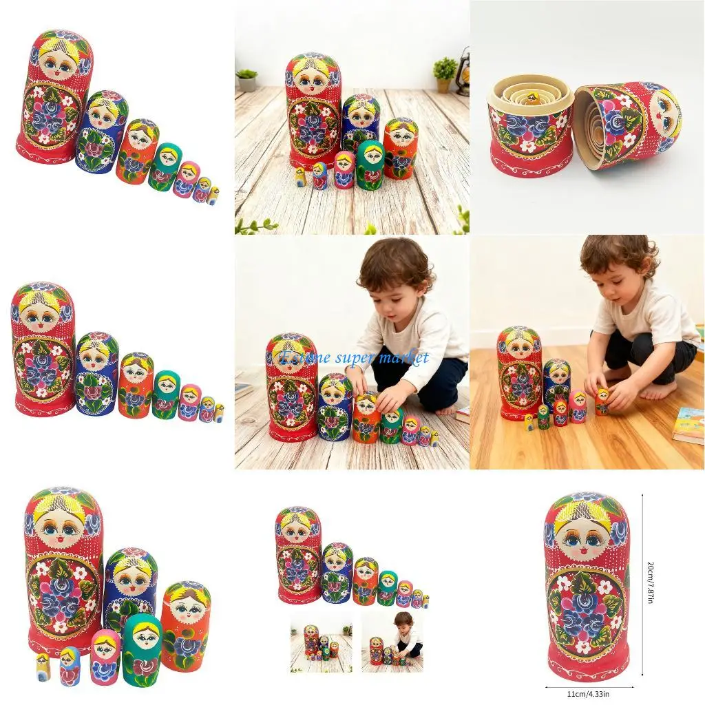 090B 7 قطع دمى التعشيش الروسية الخشبية المرسومة يدويًا لعبة ماتريوشكا للتعلم الثقافي لتنمية مهارات اليد للأطفال #1