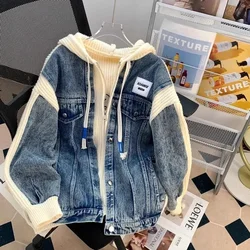 Women Cowboy Patchwork Fake Two-piece Hooded Sweater Jacket 2025 Autumn And Winter Female New Korean Loose And Lazy Style Jacket