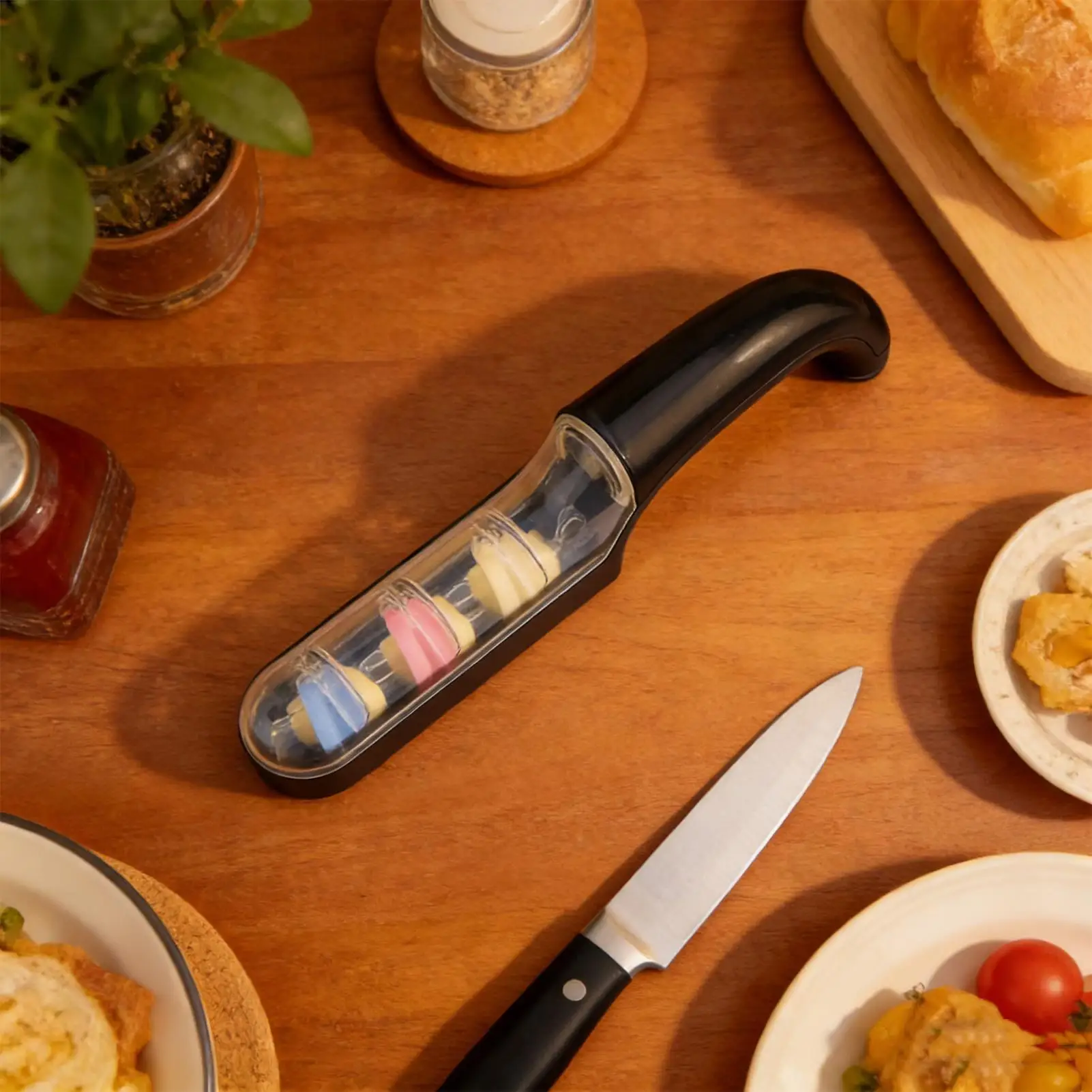 Aiguiseur de couteaux manuel à 3 étapes avec poignée antidérapante, système d'affûtage à pierre à aiguiser, aiguiseur de couteaux à 3 segments pour la cuisine