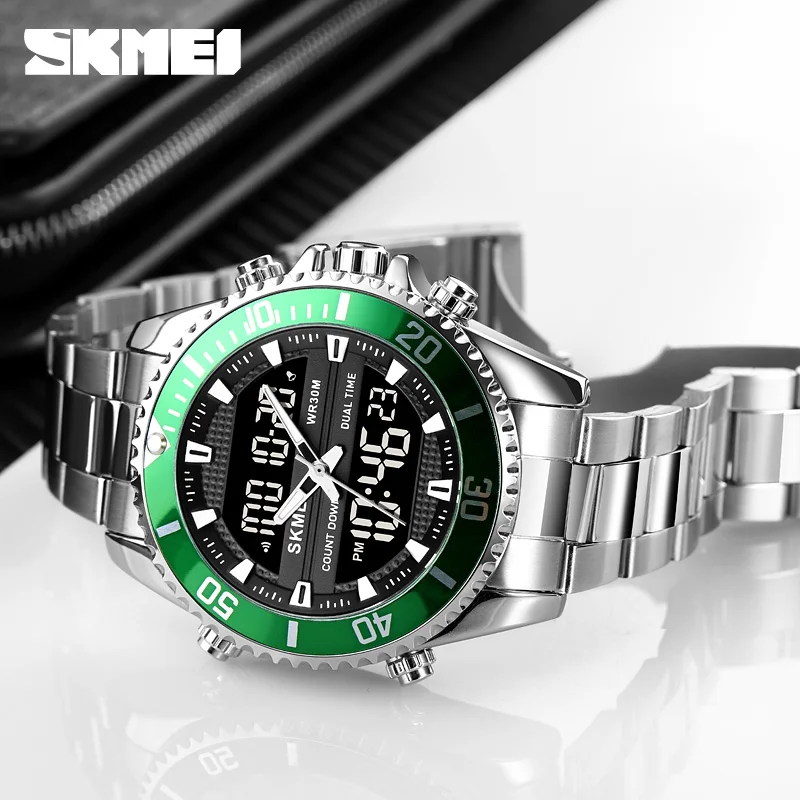 SKMEI 1850 Alarm Mannen Klok Waterdicht Roestvrij Staal Relogio Masculino Dual Display Horloges Heren Mode Digitale Horloges