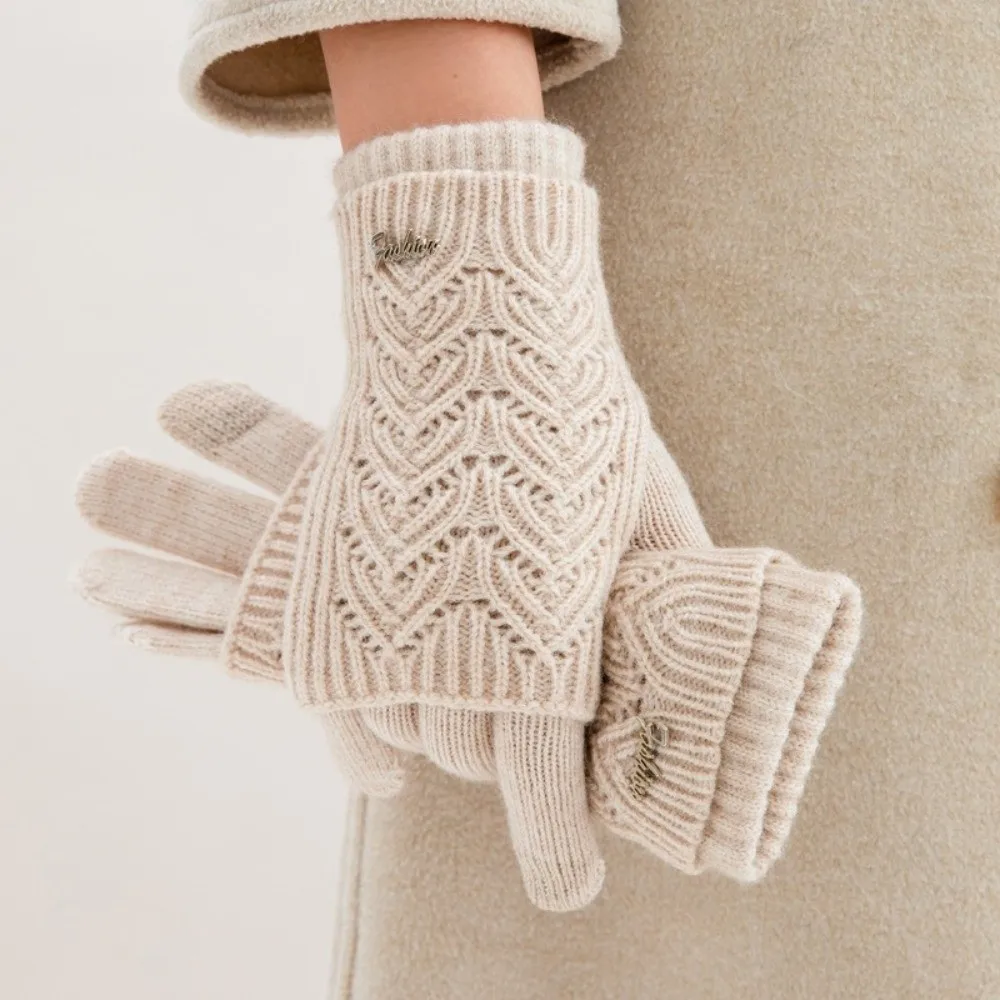 Riding Dual-purpose Knitted Gloves Solid Color Keep Warm Five-finger Mittens Thickened Cold-proof Cycling Gloves Woman